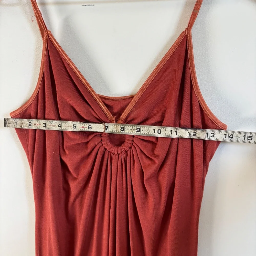Terracotta Rust O-Ring Pleated Maxi Dress Sleeveless Jersey Knit Large